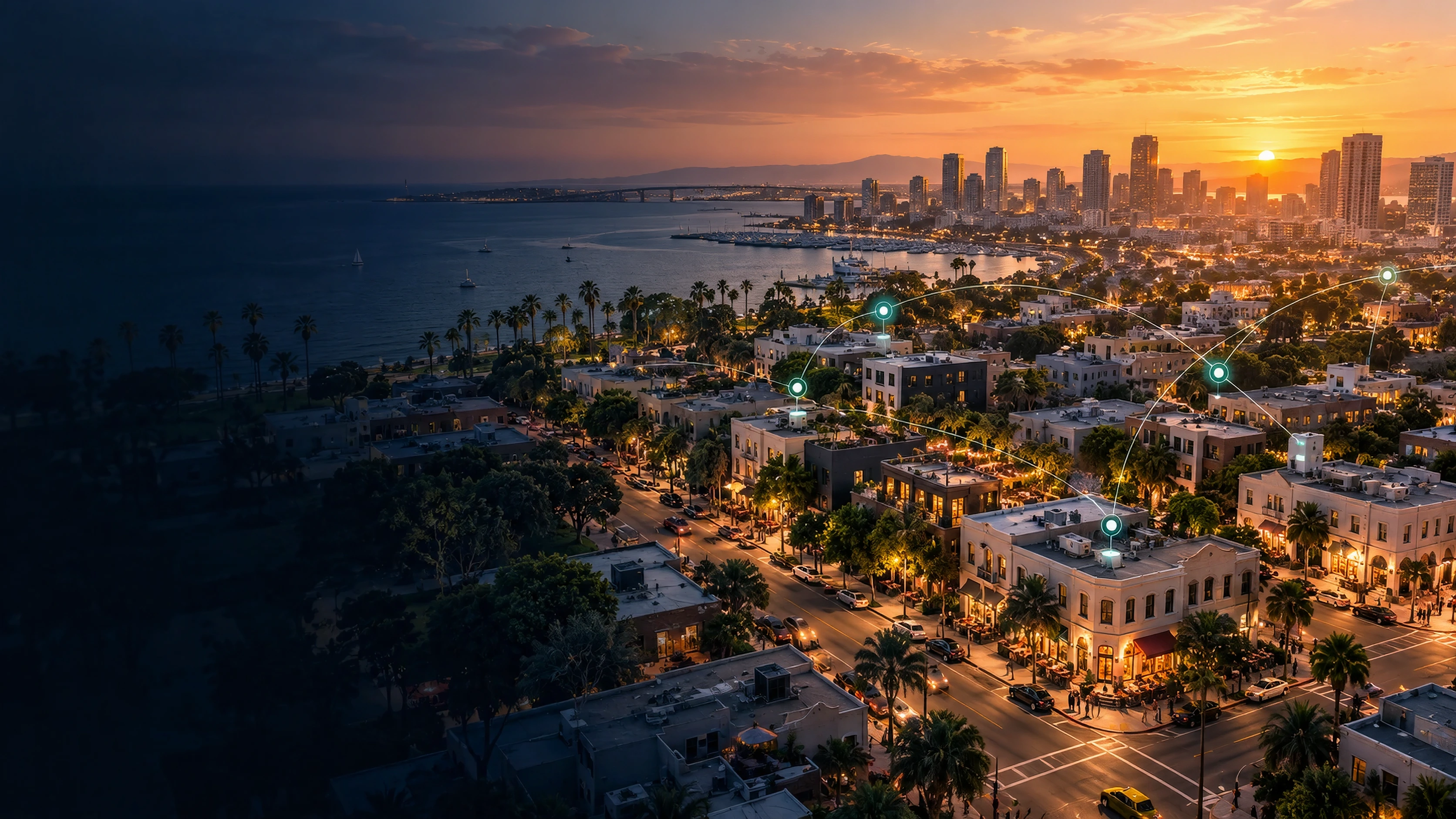 An atmospheric coastal city with subtle location markers highlighting neighborhood business possibilities
