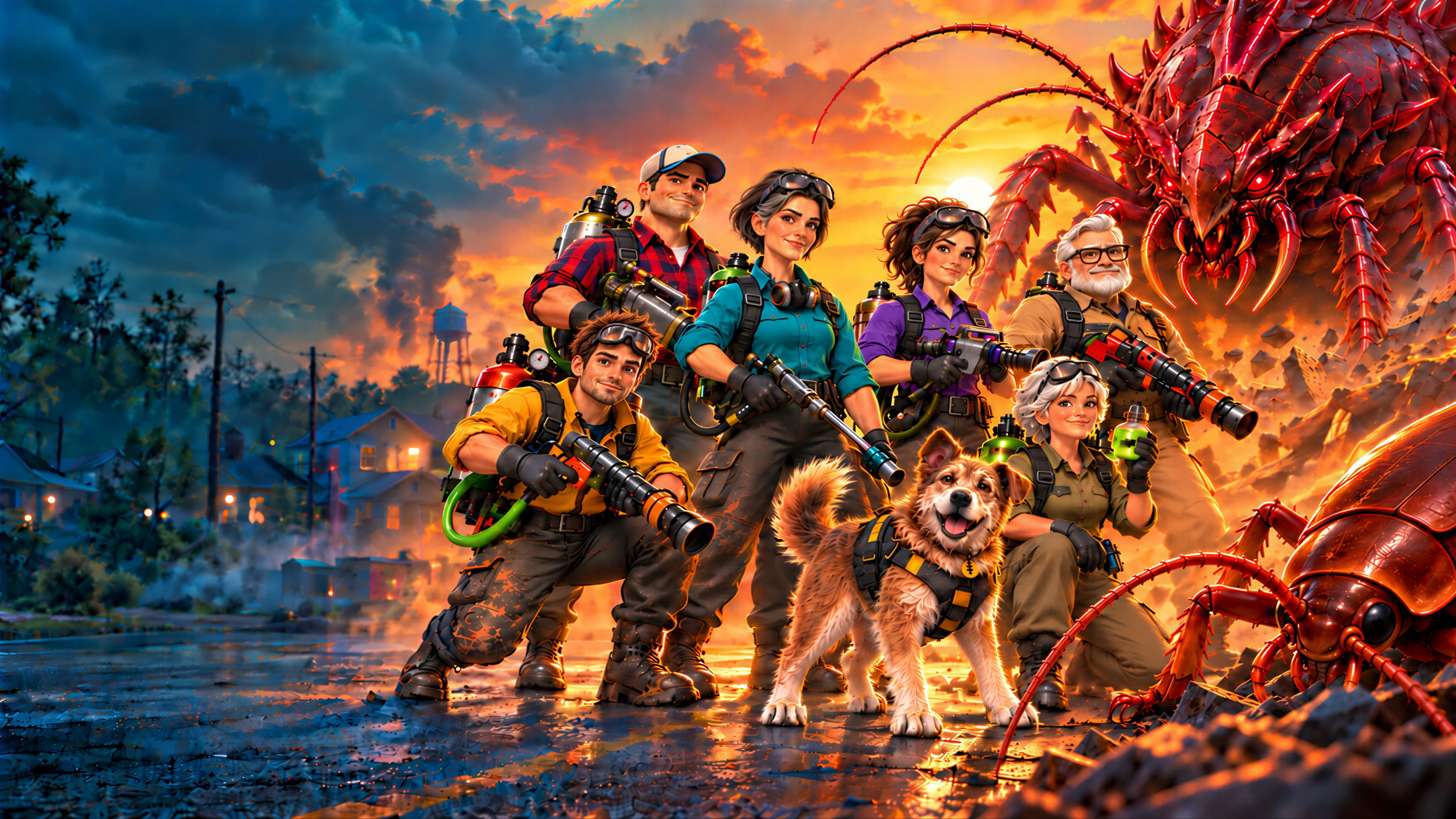 The Mack family and their senior dog Brave stand together in a small town with giant roach creatures from Roach Attack
